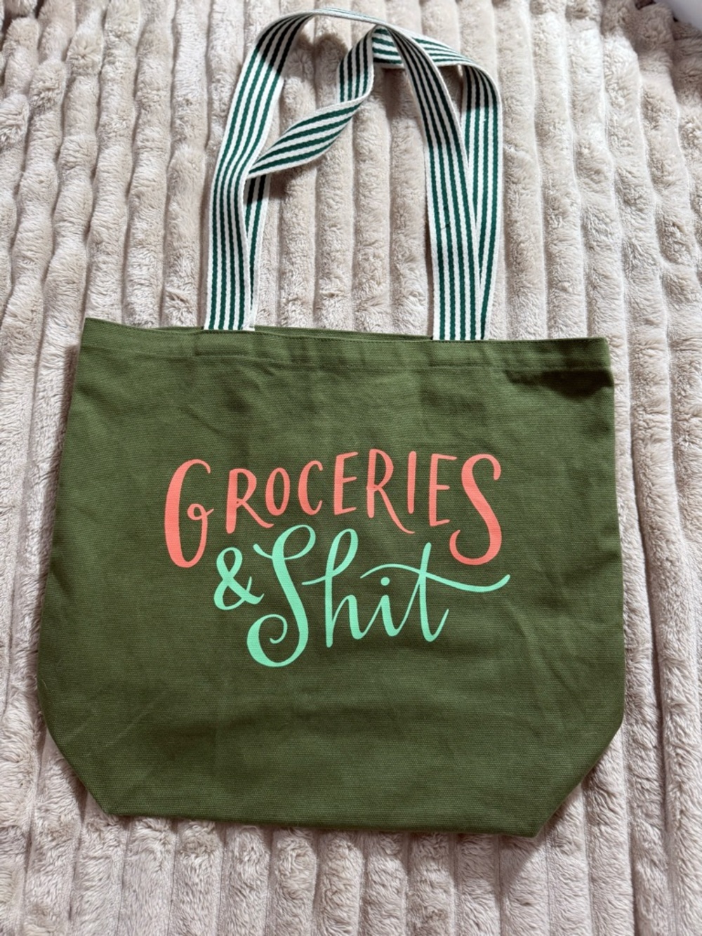 Groceries & Shit Olive Canvas Tote with Striped Handles